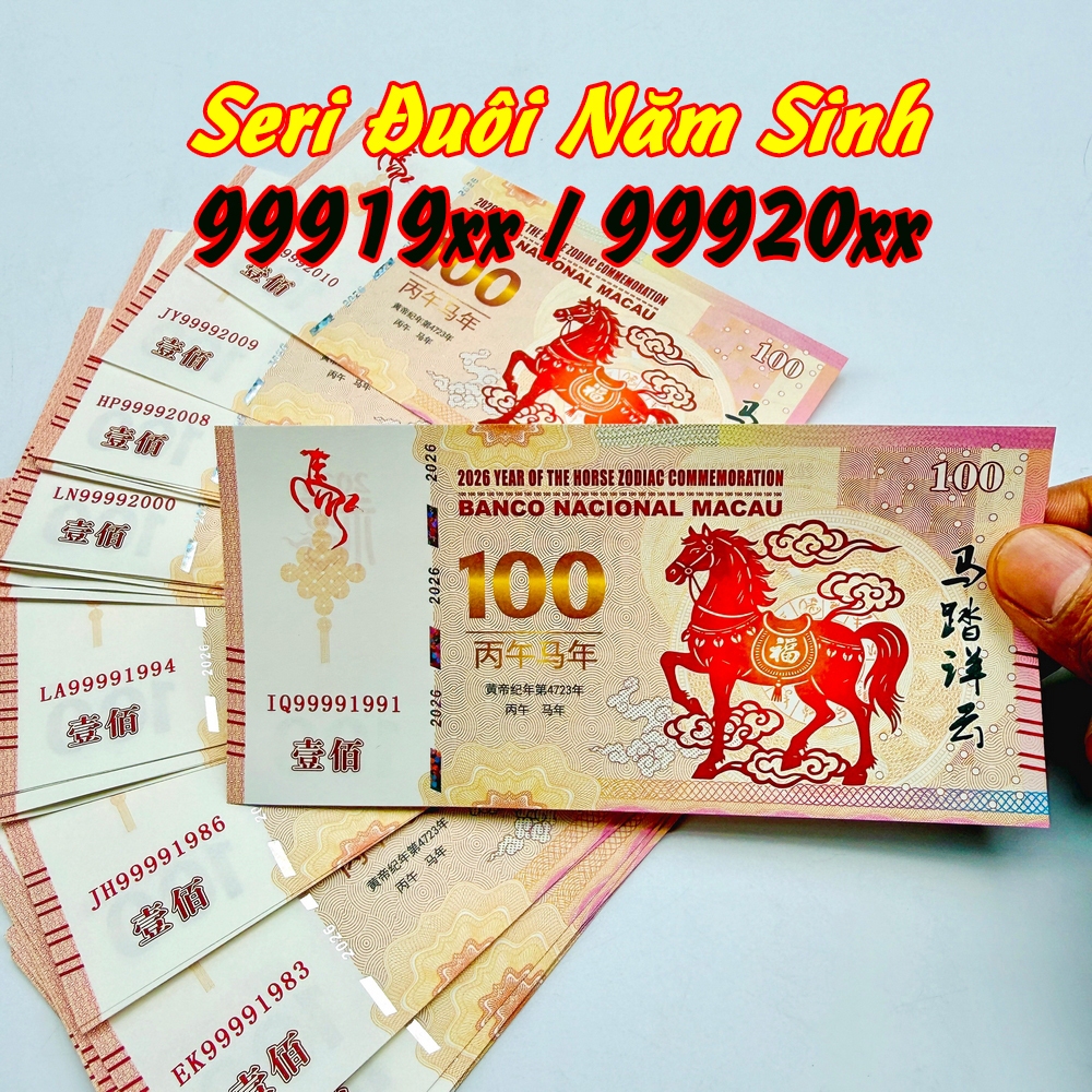 [BÁN CHẠY] (Seri Năm Sinh) Tờ 100 Macao  hình con Ngựa lưu niệm lì xì tết Bính Ngọ, có bảo an, tặng bao lì xì