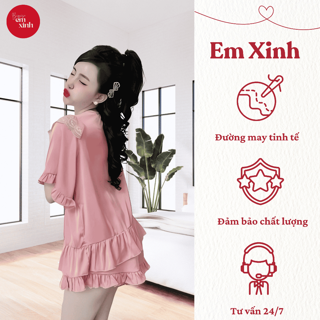 Set Đồ Bộ Pijama Tiểu Thư Quần Đùi Ngắn Tay, Kiểu Phối Ren Chất Lụa Satin Đẹp Mát Mẽ (Có Bigsize) PJ013  - Emxinhbigsize