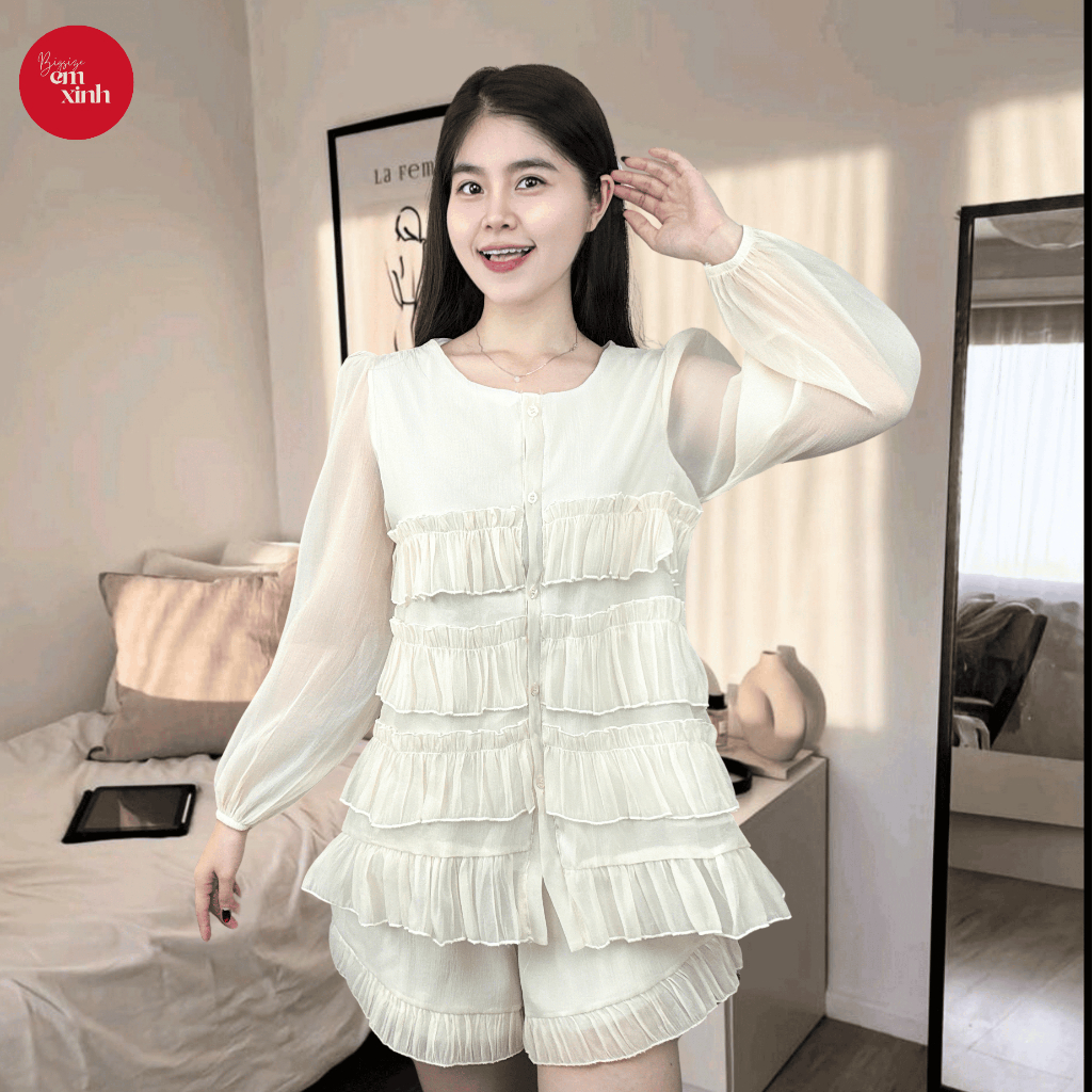 Set Áo Babydoll Dài Tay Phối Bèo Ánh Kim Kèm Quần Đùi Thun Form Rộng Thoải Mái Có Bigsize  Bs053
