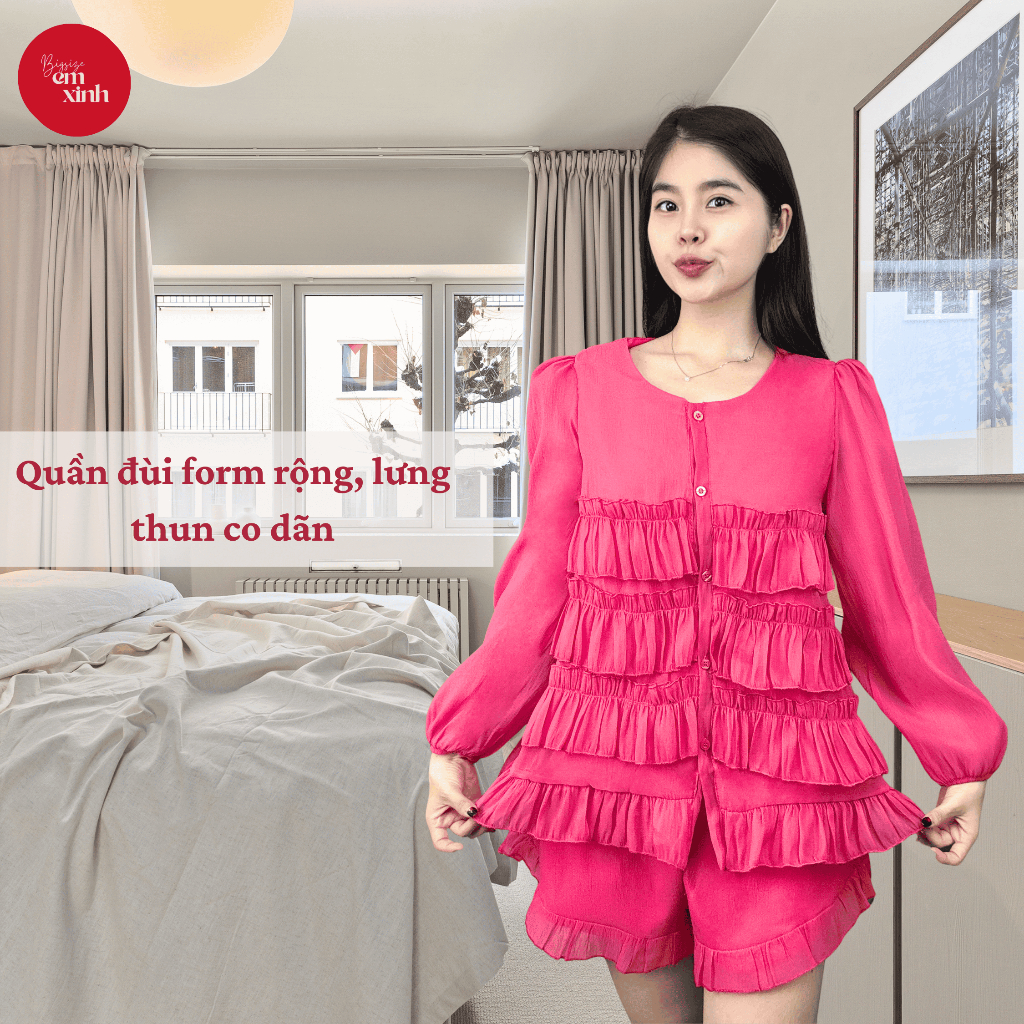 Set Áo Babydoll Dài Tay Phối Bèo Ánh Kim Kèm Quần Đùi Thun Form Rộng Thoải Mái Có Bigsize  Bs053