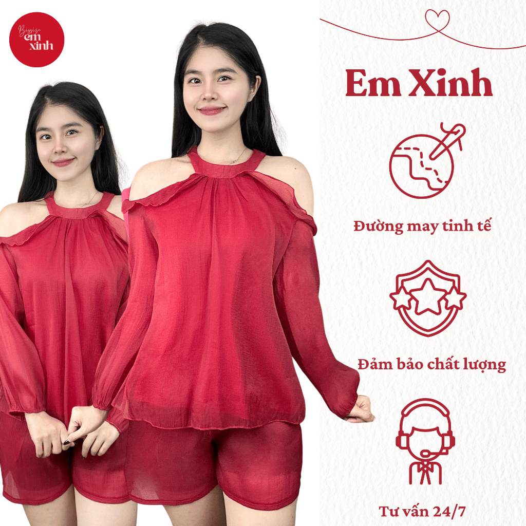 Set Áo Kiểu Hở Vai Dài Tay Tiểu Thư Kèm Quần Đùi Form Rộng, Vải Tơ Ánh Kim Lót 2 Lớp - Bigsize Bs032