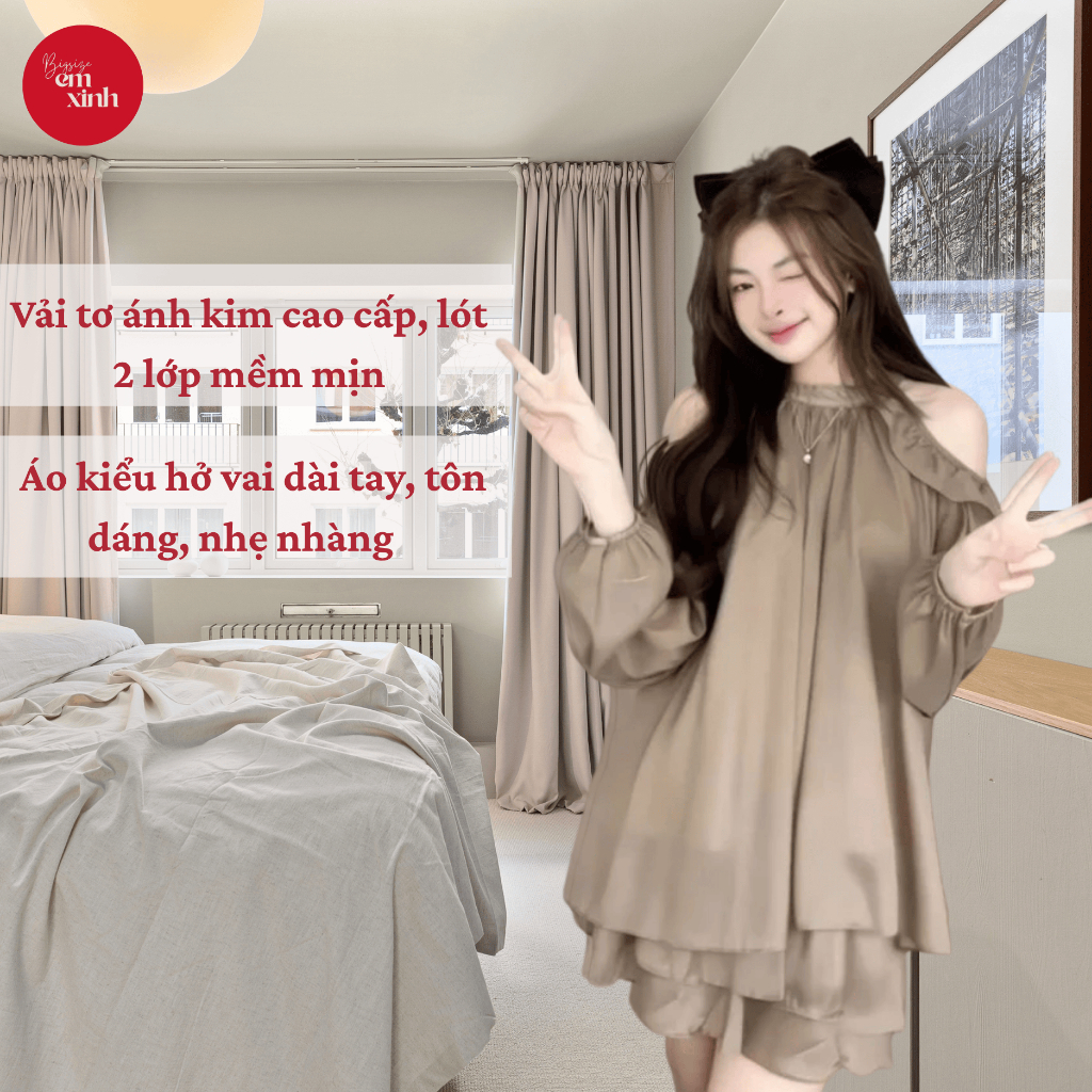 Set Áo Kiểu Hở Vai Dài Tay Tiểu Thư Kèm Quần Đùi Form Rộng, Vải Tơ Ánh Kim Lót 2 Lớp - Bigsize Bs032