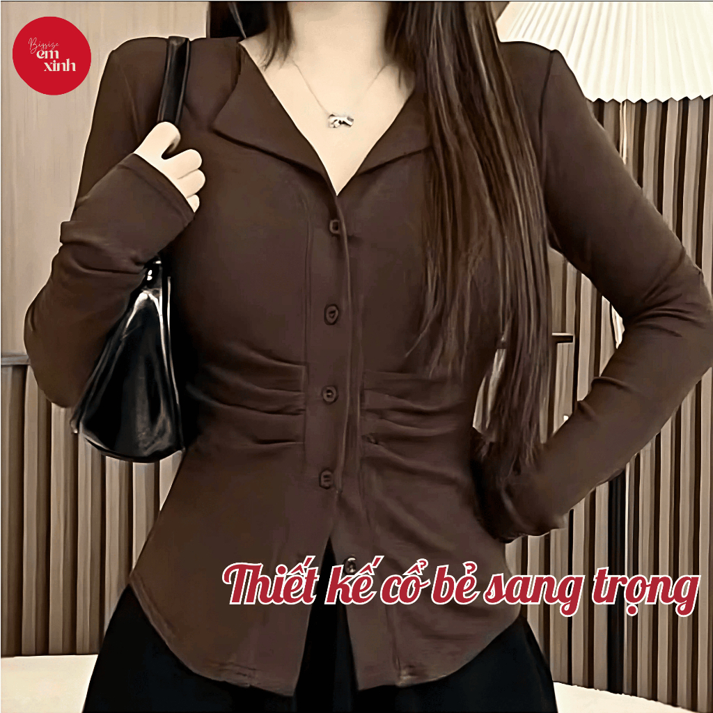 Áo Thun Nữ Dài Tay Cổ Bẻ Nhún Eo Có Nút Bs052 Chất Tăm Lạnh Size 50-90Kg - Emxinhbigsize
