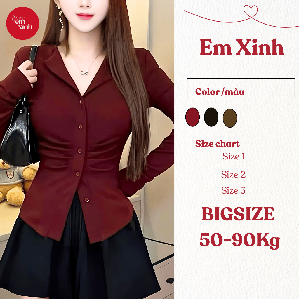 Áo Thun Nữ Dài Tay Cổ Bẻ Nhún Eo Có Nút Bs052 Chất Tăm Lạnh Size 50-90Kg - Emxinhbigsize