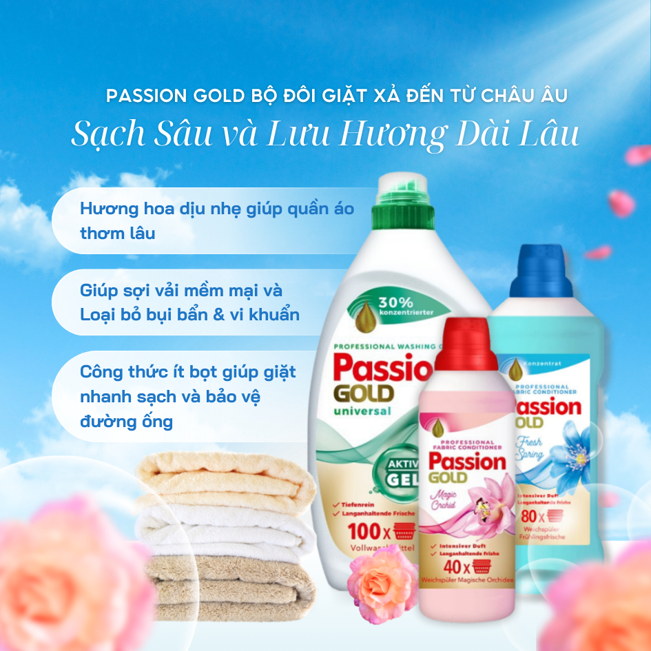 Nước Giặt Passion Gold 4 Lít Hương Hoa Cho Máy Giặt Cửa Ngang/Trước Nhập Khẩu Châu Âu