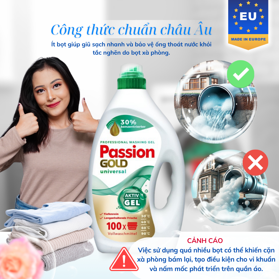 Nước Giặt Passion Gold 4 Lít Hương Hoa Cho Máy Giặt Cửa Ngang/Trước Nhập Khẩu Châu Âu