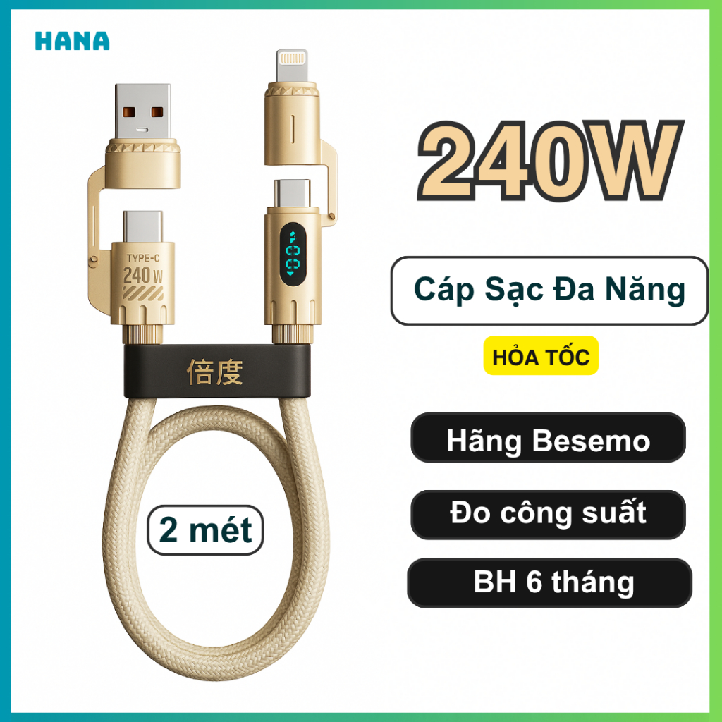 Dây Cáp Sạc Nhanh 240W - Hãng Basemo - 2 Mét - Có chip E-Marker - Đa Năng 4 Trong 1 -Có đo công suất