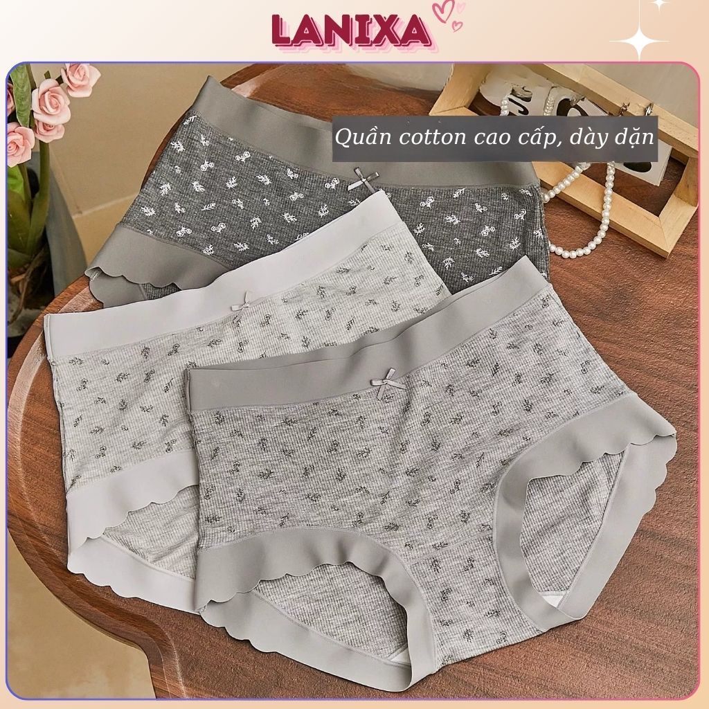 Quần lót nữ cotton thấm hút kháng khuẩn cạp cao gen bụng viền lượn sóng đính nơ xinh xắn LANIXA L758