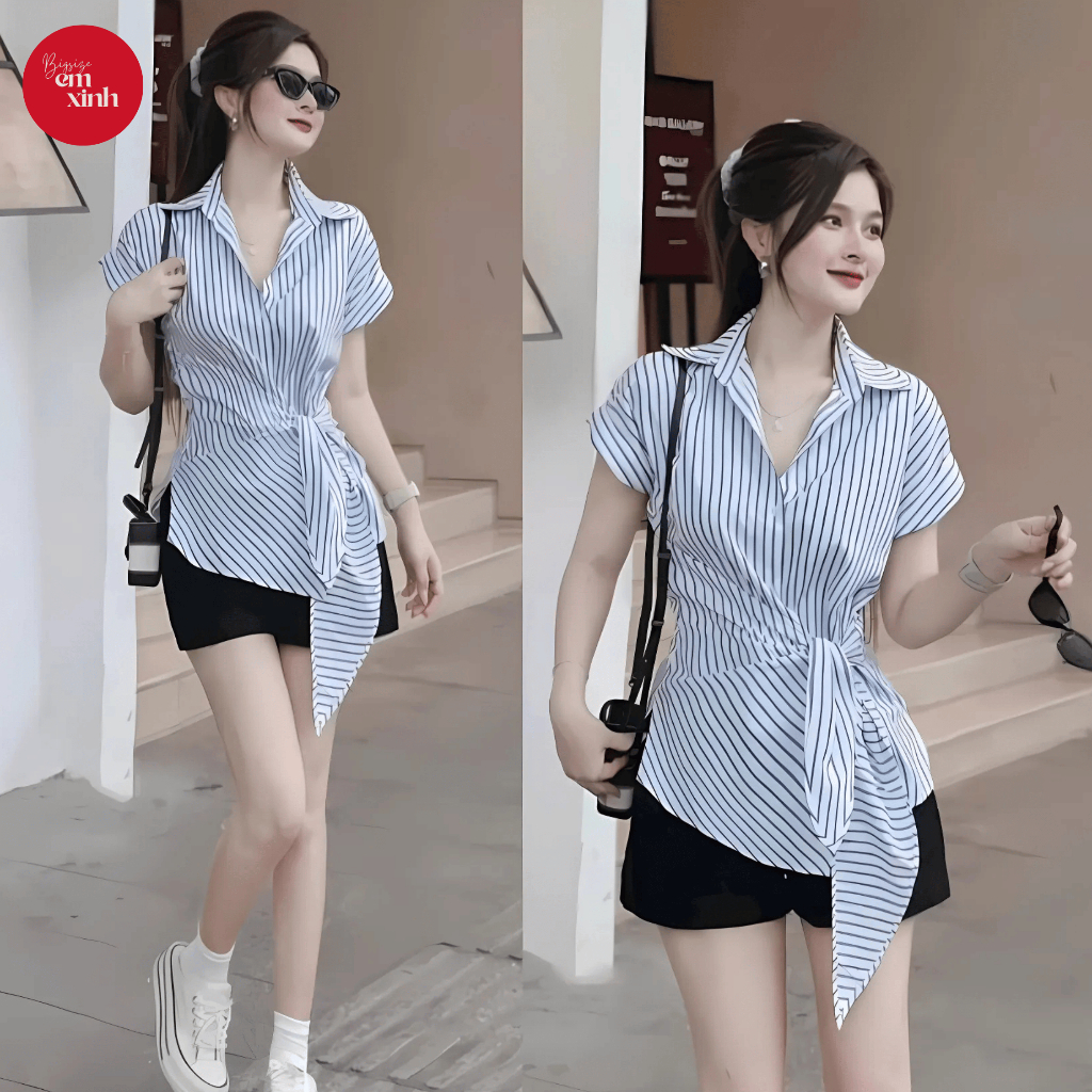 Set Áo Sơ Mi Kẻ Caro Ngắn Tay Kèm Quần Thun Ngắn Cột Nơ Năng Động Size 50-90kg Bs030