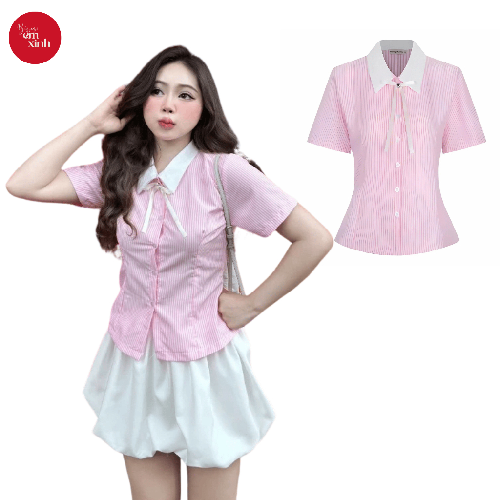 Áo Sơ Mi Ngắn Tay Sọc Nhí Cột Nơ Sau Dễ Thương Nhiều Màu Có Bigsize Bs041
