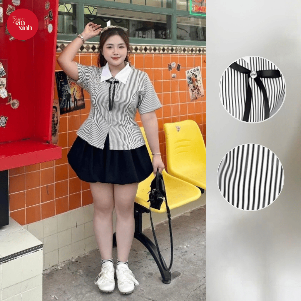 Áo Sơ Mi Ngắn Tay Sọc Nhí Cột Nơ Sau Dễ Thương Nhiều Màu Có Bigsize Bs041
