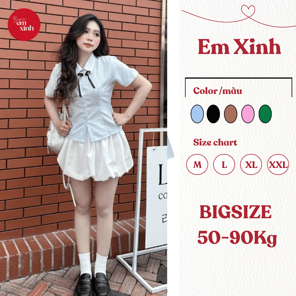 Áo Sơ Mi Ngắn Tay Sọc Nhí Cột Nơ Sau Dễ Thương Nhiều Màu Có Bigsize Bs041