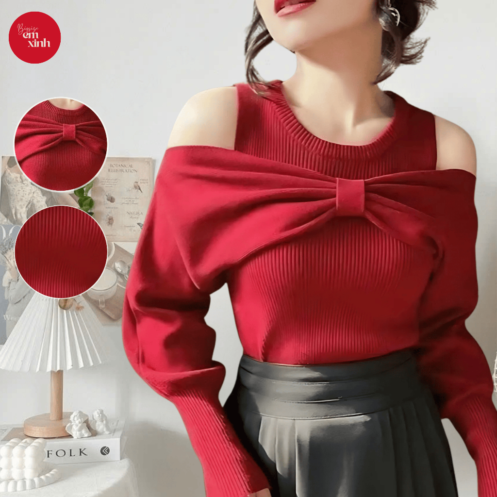 Áo Trễ Vai Dài Tay Xoắn Nơ Chất Thun Tăm Co Dãn - Thời Trang Thu Đông Bs040 | EmxinhBigsize