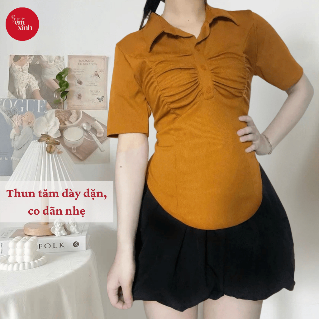 Áo Thun Nữ Vạt Bầu Nhún Ngực, Cổ Sơ Mi Ngắn Tay Chất Thun Tăm Dày Dặn Có Bigsize Bs064- Em Xinh Bigsize