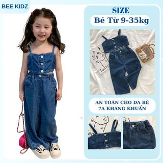 Đồ Bộ Bé Gái, Sét Bò Cho Bé Gái Thiết Kế Áo 2 Dây Kèm Quần Ống Rộng Chất Liệu Jean Mềm Mại
