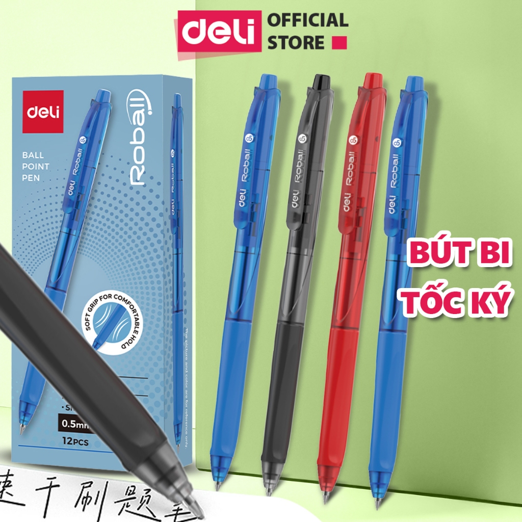 Combo 5/10/20 Bút Bi Bấm Ngòi 0.5mm Deli Mực Xanh/Đen/Đỏ Nét Thanh Mảnh Ngòi Bi Cao Cấp Viết Trơn Tru Có Đệm Tay Êm Ái