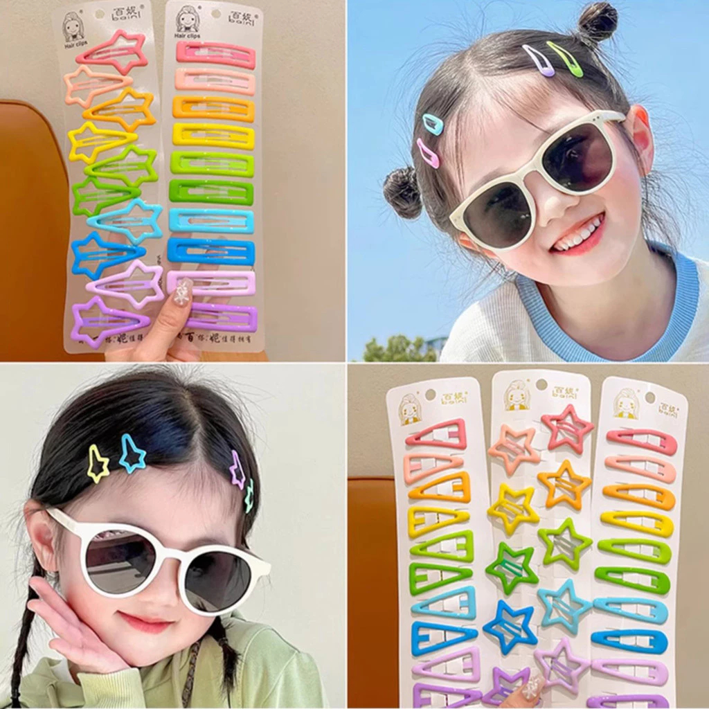 Vỉ 10 Kẹp Tóc Mái Bật Hình Trái Tim,Giọt Nước,Ngôi Sao,Chữ Nhật Nhiều Màu Sắc Phụ Kiện Tóc Empoli