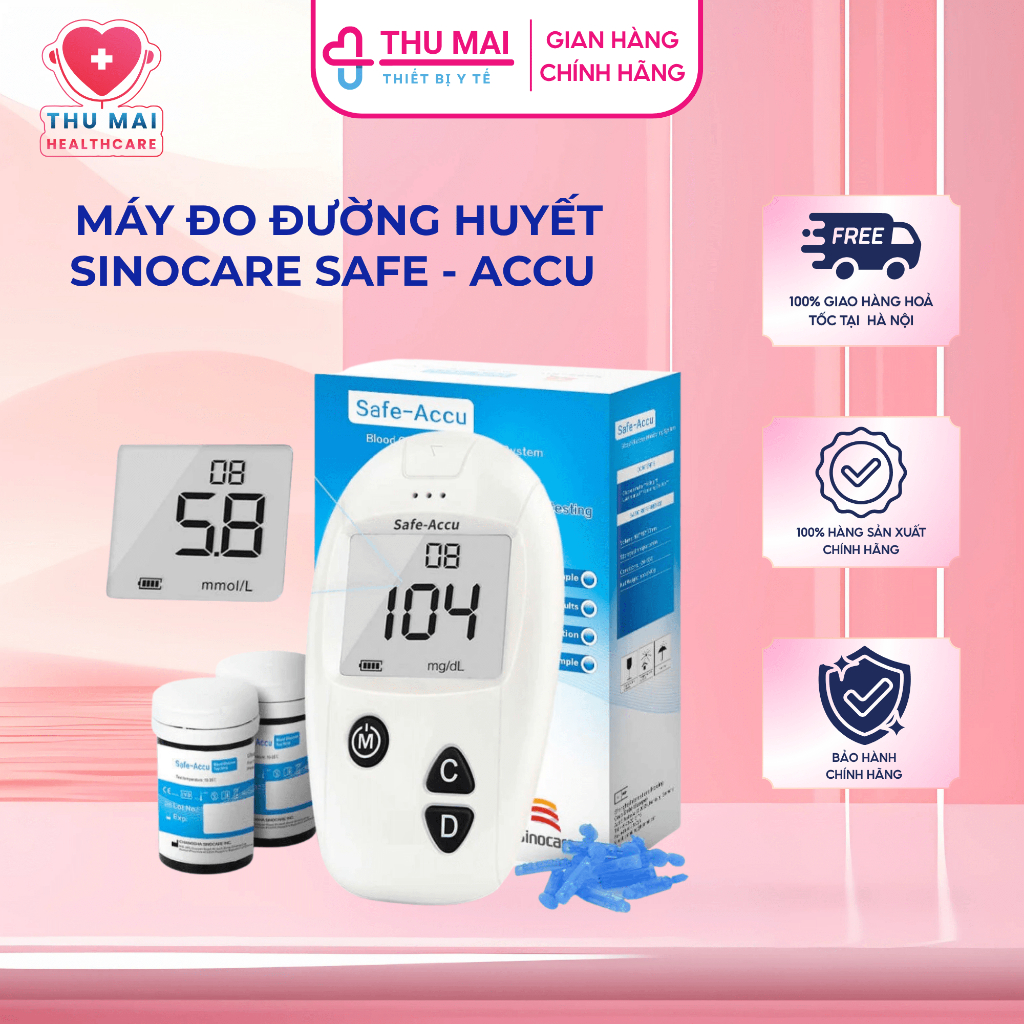 [Tặng 50 que thử + kim chích]  Máy Đo Đường Huyết Sinocare Safe - Accu, máy thử tiểu đường, máy đo lượng đường trong máu
