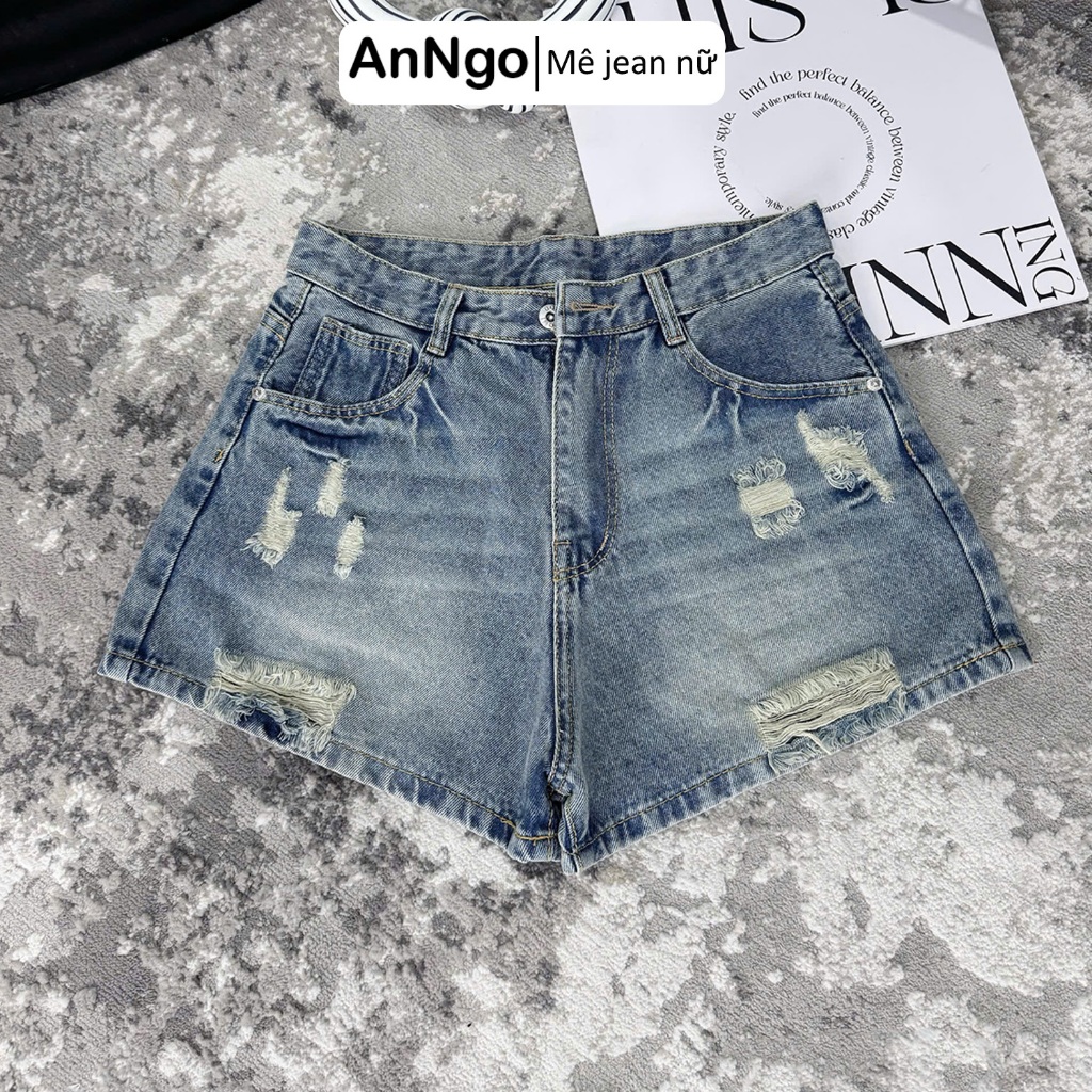 (Có big size) Quần short jean nữ lưng cao form ống rộng rách nhẹ cá tính, chất vải jean không giãn Anngo - AT550