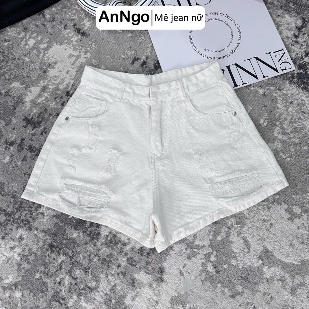 (Có big size) Quần short jean nữ lưng cao form ống rộng rách nhẹ cá tính, chất vải jean không giãn Anngo - AT550