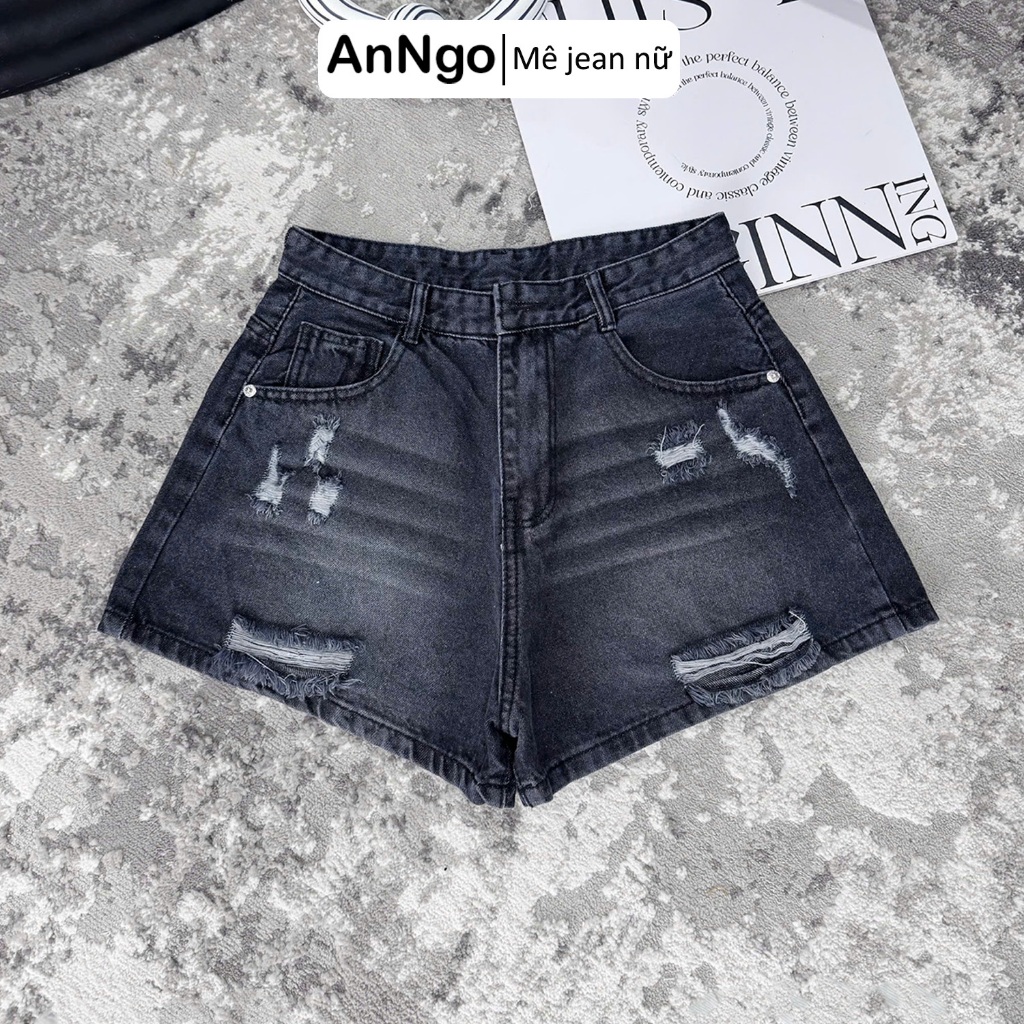 (Có big size) Quần short jean nữ lưng cao form ống rộng rách nhẹ cá tính, chất vải jean không giãn Anngo - AT550