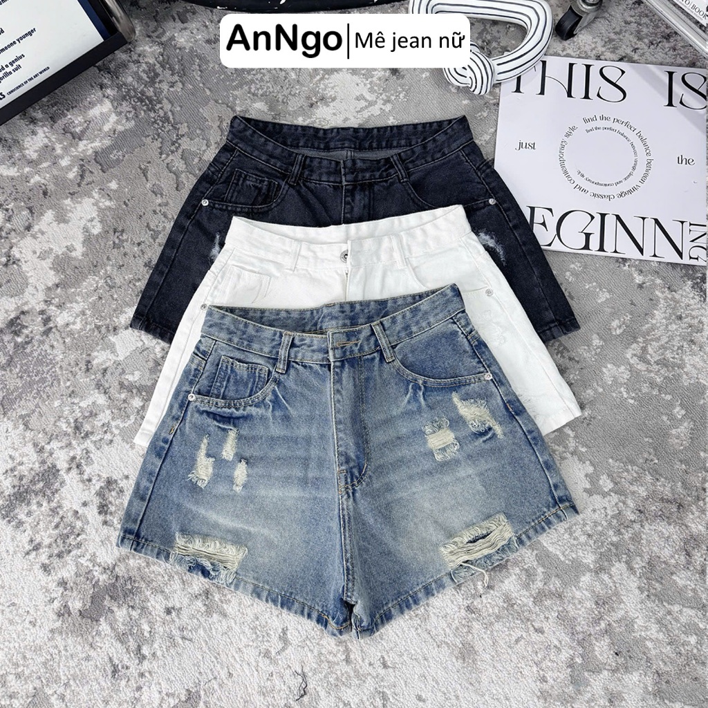 (Có big size) Quần short jean nữ lưng cao form ống rộng rách nhẹ cá tính, chất vải jean không giãn Anngo - AT550