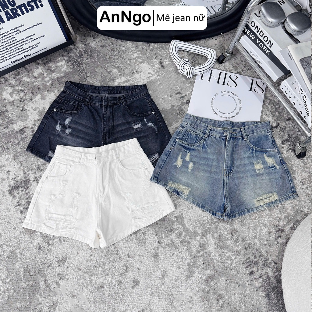 (Có big size) Quần short jean nữ lưng cao form ống rộng rách nhẹ cá tính, chất vải jean không giãn Anngo - AT550