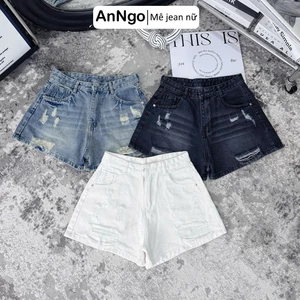 Quần short jean nữ lưng cao form ống rộng rách nhẹ cá tính, chất vải jean không giãn Anngo - AT550