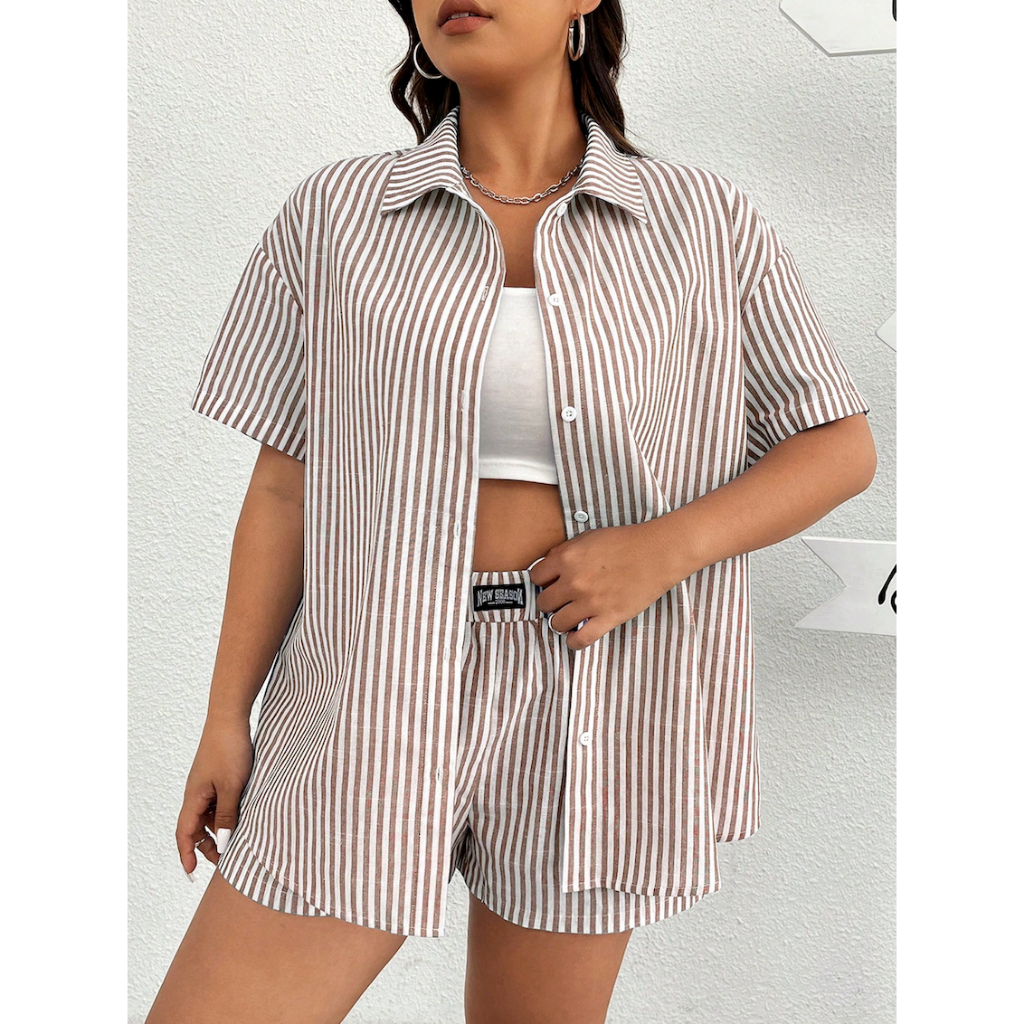 Set Nữ Vải Dệt Kaki Kẻ Sọc Trắng: Áo Sơ Mi & Quần Short Phong Cách Casual YN125