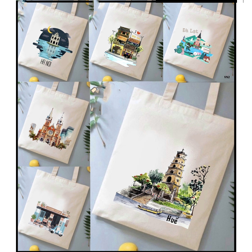 Túi tote,Túi vải bố canvas in hình Hà Nôi,Đà Lạt,Sài Gòn nhiều mẫu đựng laptop đi học đi chơi du lịch kích thước 35x40cm
