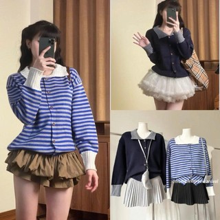 Áo Len Kẻ Sọc Cổ Bẻ Cài Cúc Hàng QC 2 màu siêu xinh style Ulzzang