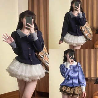 Áo Len Kẻ Sọc Cổ Bẻ Cài Cúc Hàng QC 2 màu siêu xinh style Ulzzang