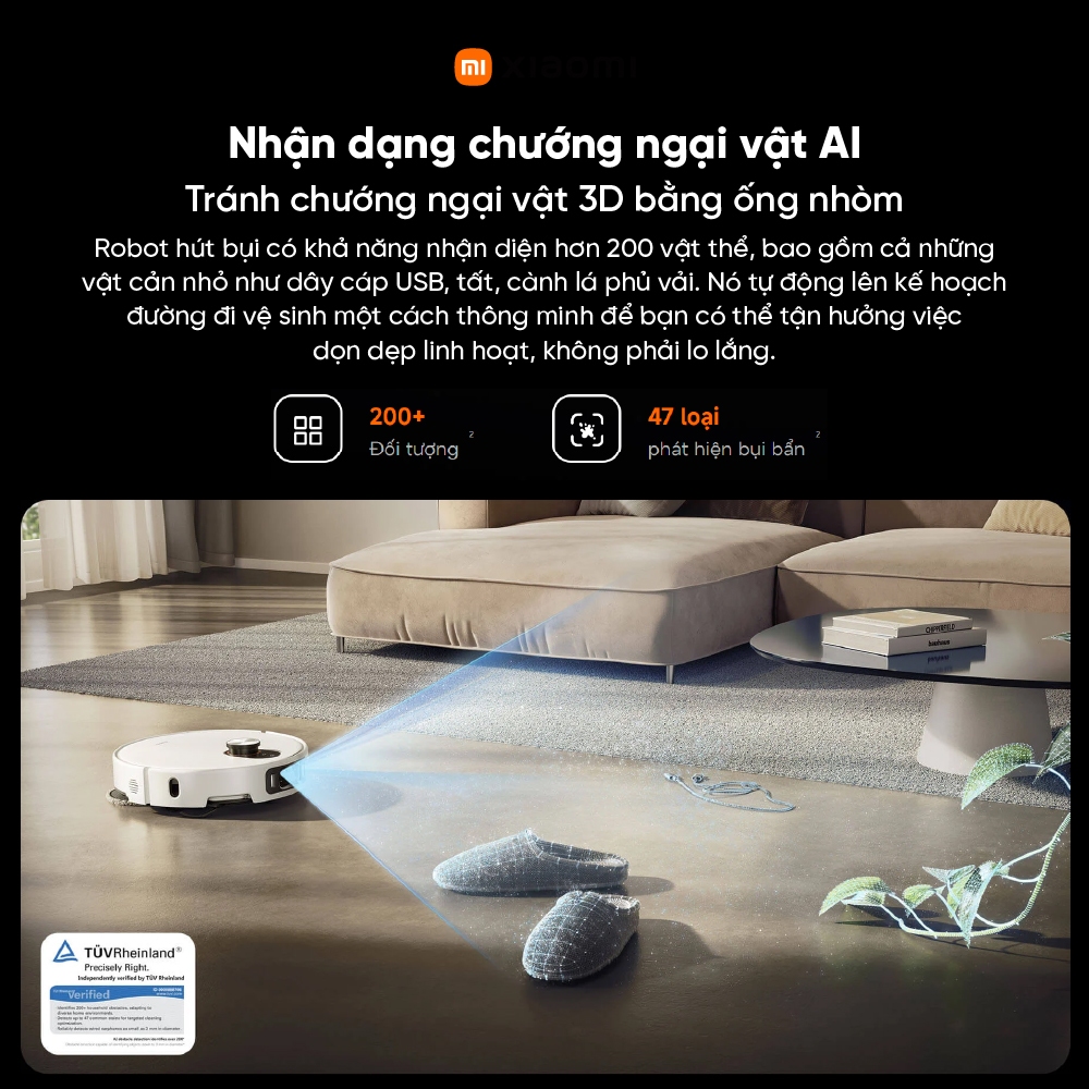 Robot hút bụi lau nhà Xiaomi Vacuum 5 Pro - Lực hút 20000Pa - AI + Camera 3D chủ động - Dọn dẹp lên đến 140 phút
