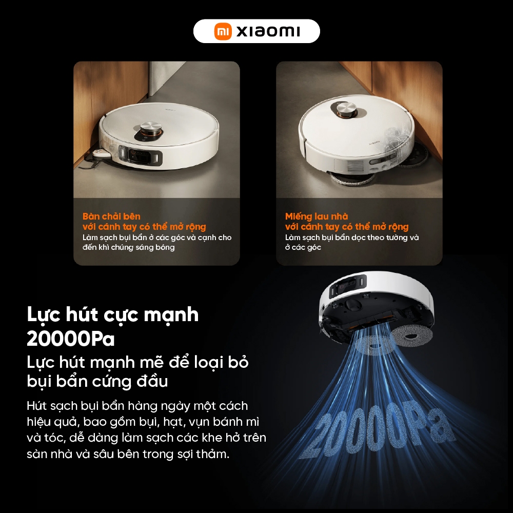 Robot hút bụi lau nhà Xiaomi Vacuum 5 Pro - Lực hút 20000Pa - AI + Camera 3D chủ động - Dọn dẹp lên đến 140 phút