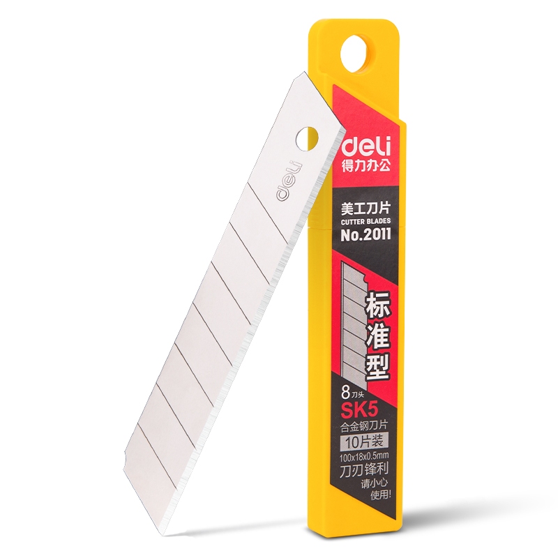 Lưỡi dao rọc Giấy Deli 2011  Kích Thước 18mm/9mm, Lưỡi Sắc Bén, Bền Bỉ Hộp 10 Lưỡi Thay Thế Tiện Lợi