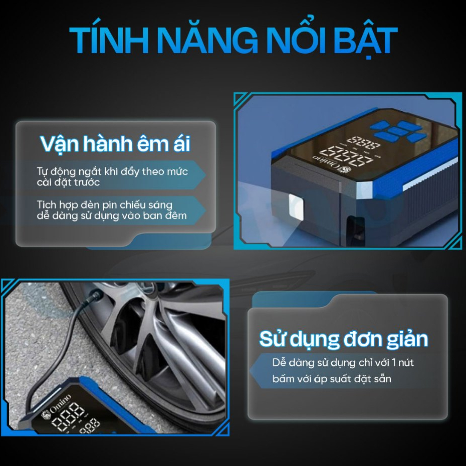 Bơm Lốp Ô Tô Điện Tử Tự Ngắt Omino Cao Cấp, Bơm lốp Xe Hơi Thông Minh, Thiết Kế Nhỏ Gọn, Bơm khoẻ, bền - BH 24 Tháng