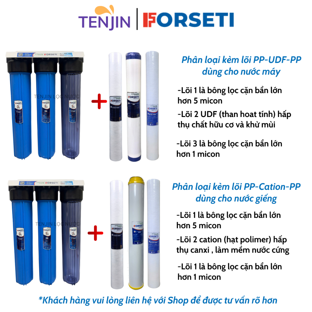 Bộ 3 Cốc Lọc Nước Đầu Nguồn 20 Inch FORSETI Ren 21 Hoặc Ren 27 Lắp Sẵn Đầy Đủ Phụ Kiện Kèm Lõi Giúp Lọc Nước Sinh Hoạt