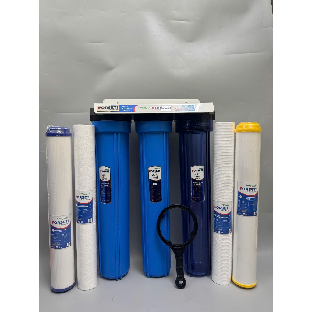 Bộ 3 Cốc Lọc Nước Đầu Nguồn 20 Inch FORSETI Ren 21 Hoặc Ren 27 Lắp Sẵn Đầy Đủ Phụ Kiện Kèm Lõi Giúp Lọc Nước Sinh Hoạt