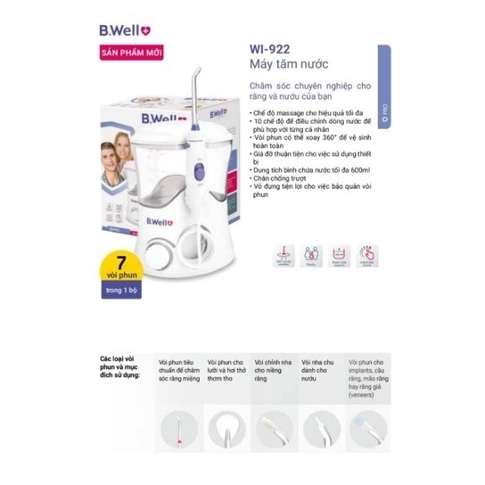 [VOUCHER 50K MỞ BÁN] Máy tăm nước gia đình B WELL WI-922 , vệ sinh răng miệng, chỉnh nha, niềng, sâu răng