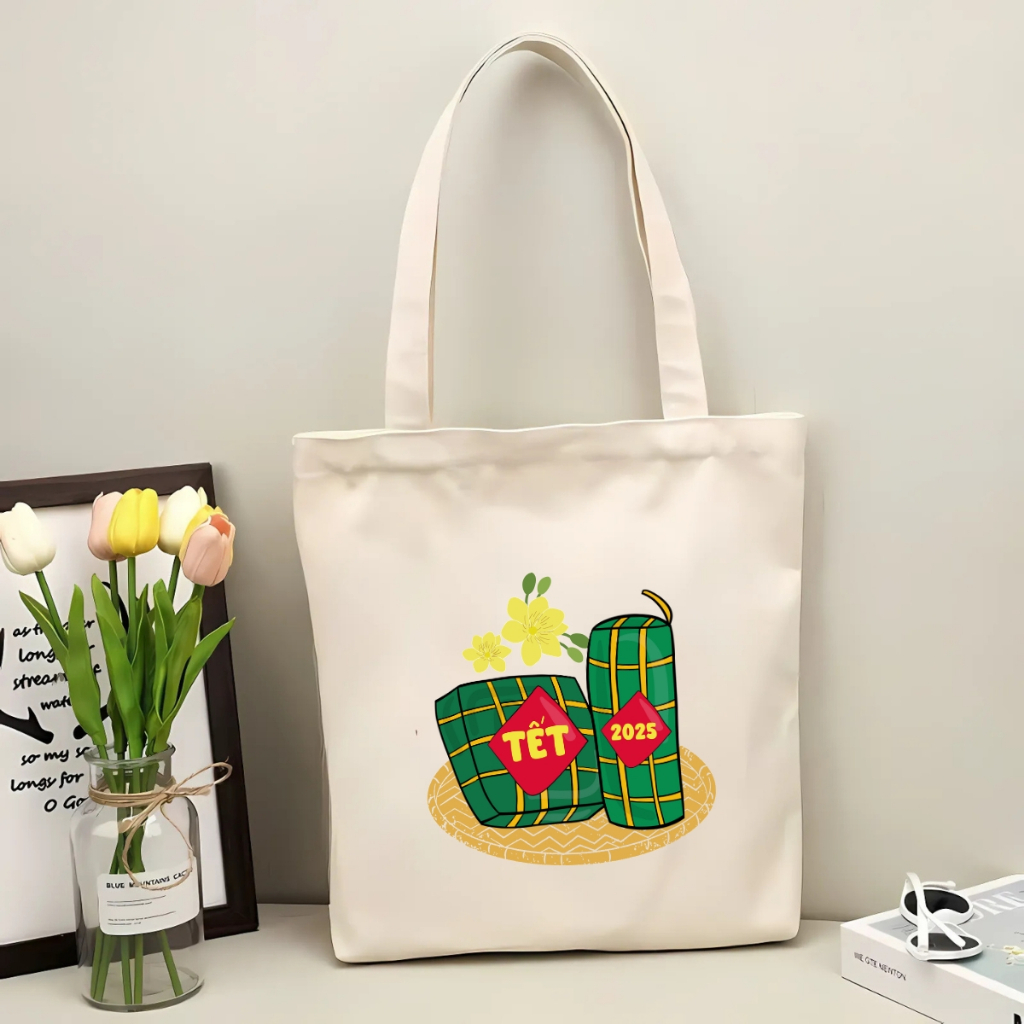 Túi tote có khóa kéo đựng quà TẾT - Túi vải bố vải canvas chúc mừng năm mới Happy New Year 2026 35x40cm tota0261