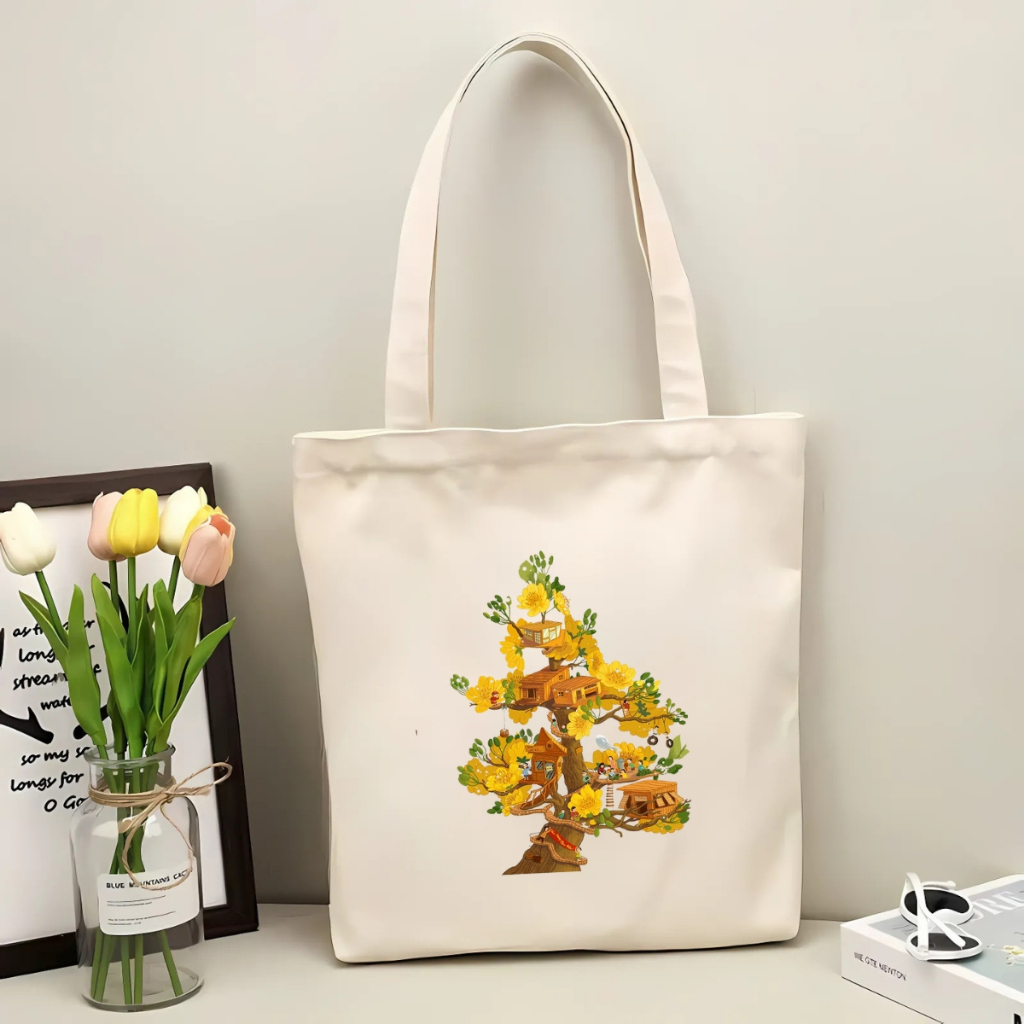 Túi tote có khóa kéo đựng quà TẾT - Túi vải bố vải canvas chúc mừng năm mới Happy New Year 2026 35x40cm tota0261