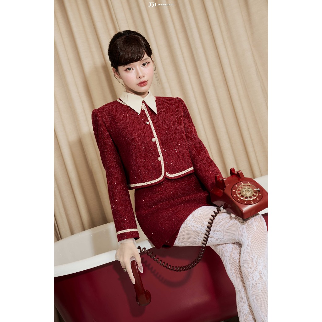 Set Áo Dáng Ngắn Cổ Đức  5T01.2509TW, Chân Váy Tweed Thu Đông 4S29.2509TW. Set Đồ Tweed Cao Cấp Retro Chic Đi Tiệc JM