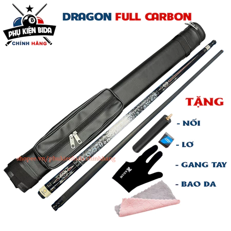 Cơ bida Dragon Full Carbon 2025 giá rẻ cho học sinh, sinh viên tặng bao đựng cơ, nối, lơ, ngang tay, bộ bảo vệ ren