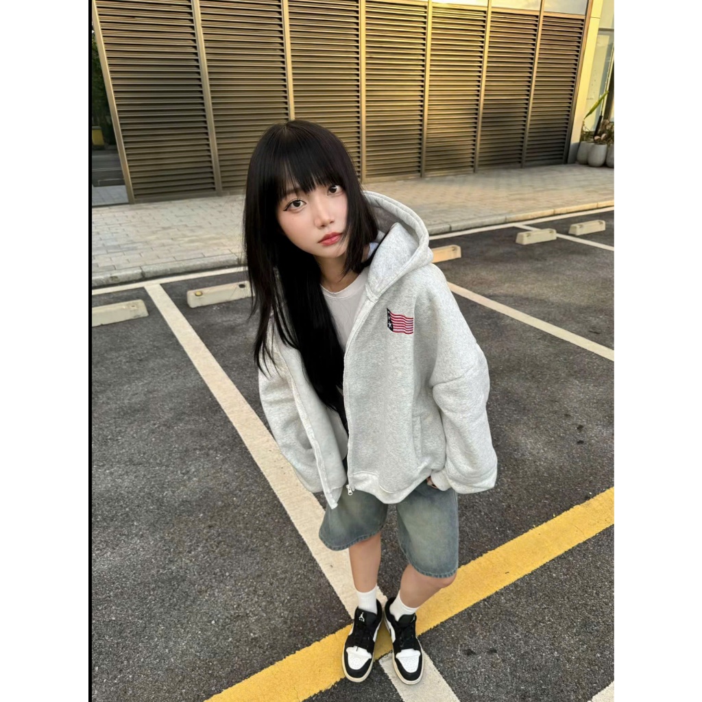Áo Hoodie Zip Thêu Xù Họa Tiết Cờ Mỹ, Áo Hoodie Form Boxy, Chất nỉ bông dày dặn, ấm áp, khoác ngoài form rộng nam nữ