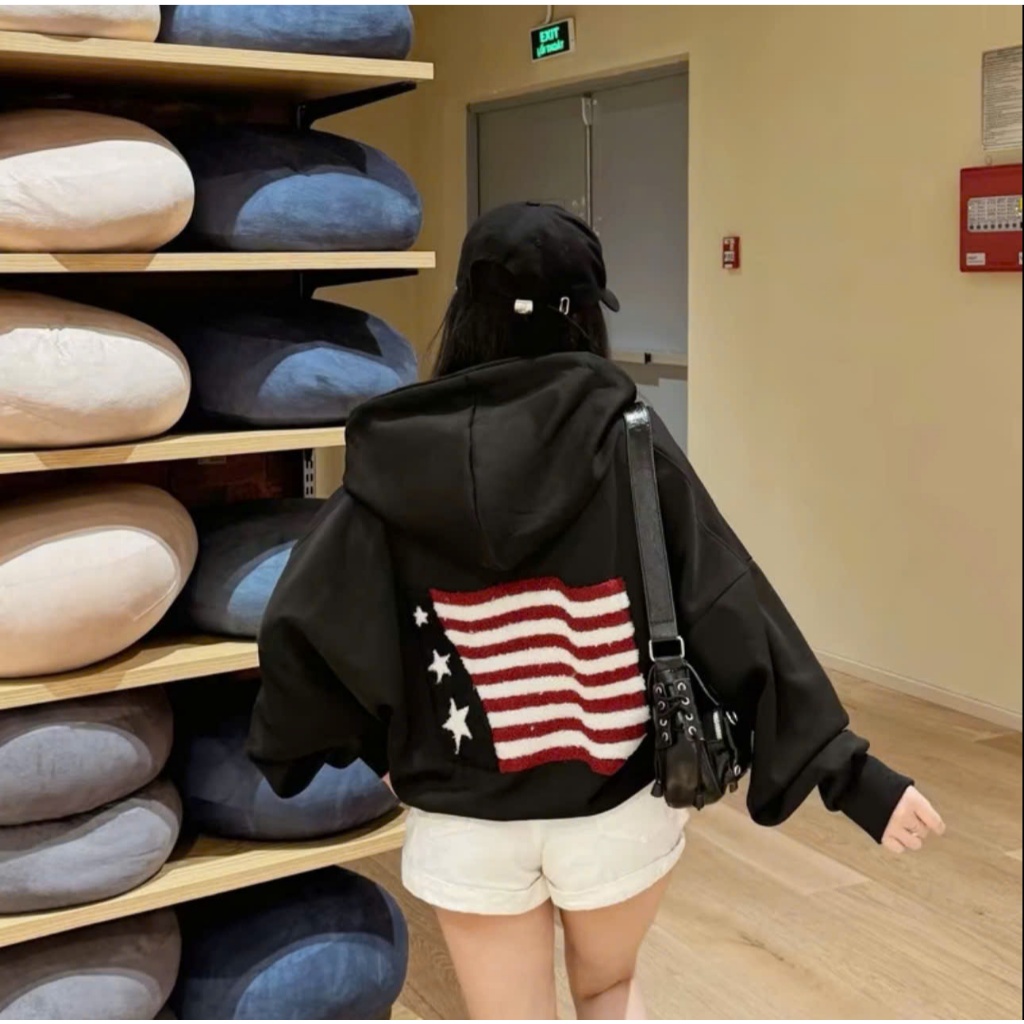 Áo Hoodie Zip Thêu Xù Họa Tiết Cờ Mỹ, Áo Hoodie Form Boxy, Chất nỉ bông dày dặn, ấm áp, khoác ngoài form rộng nam nữ