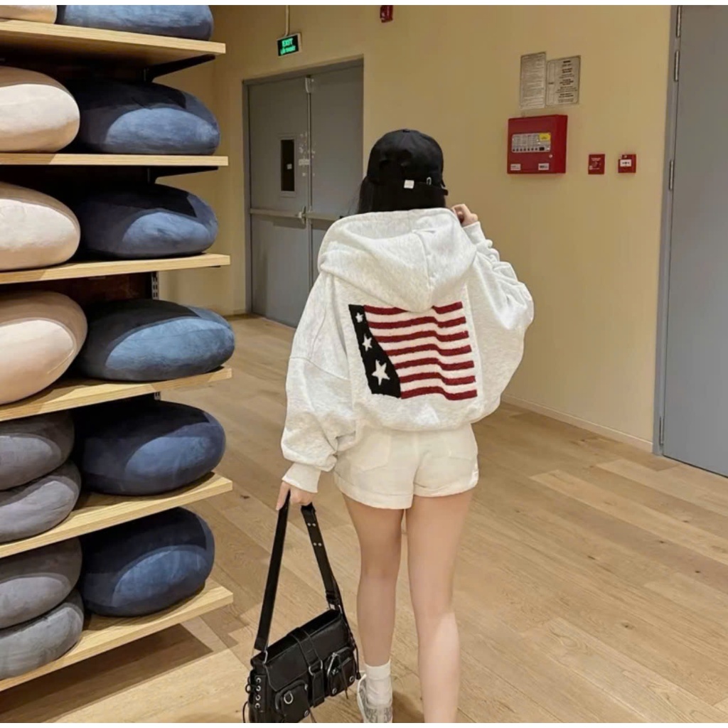 Áo Hoodie Zip Thêu Xù Họa Tiết Cờ Mỹ, Áo Hoodie Form Boxy, Chất nỉ bông dày dặn, ấm áp, khoác ngoài form rộng nam nữ