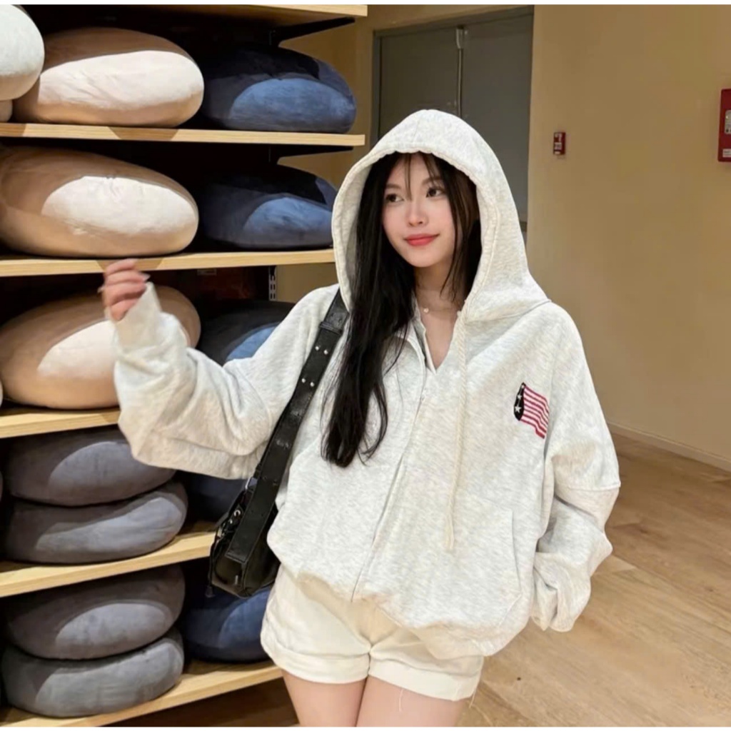 Áo Hoodie Zip Thêu Xù Họa Tiết Cờ Mỹ, Áo Hoodie Form Boxy, Chất nỉ bông dày dặn, ấm áp, khoác ngoài form rộng nam nữ