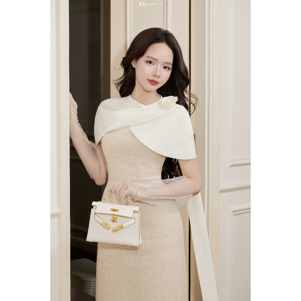Đầm Dạ Tiệc Tweed 2 Dây Ôm Dài Phối Cape 1F16.2509K. Đầm Dự Tiệc Quiet Luxury, Đầm Tiệc Dáng Ôm Suông Dài Thiết Kế JM