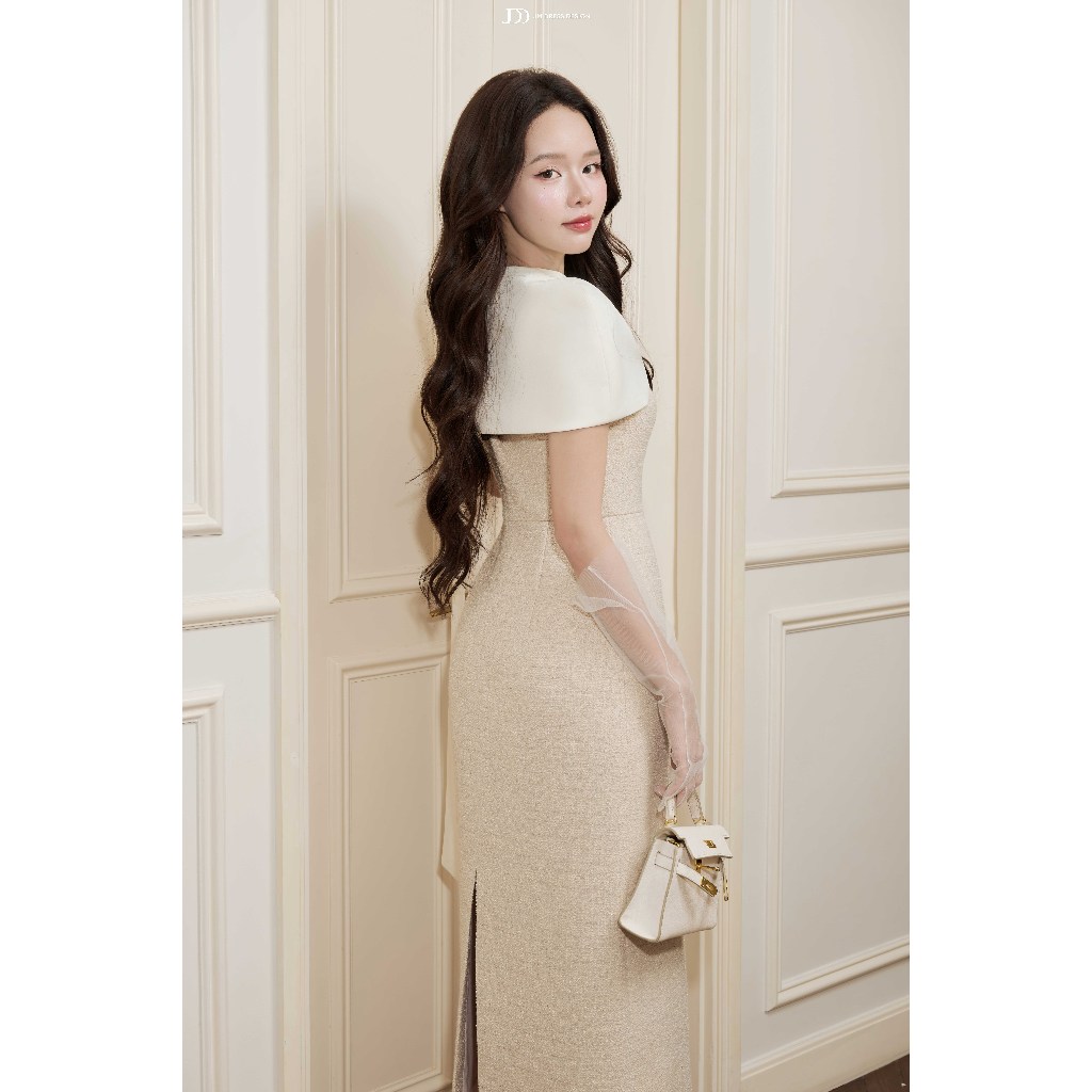 Đầm Dạ Tiệc Tweed 2 Dây Ôm Dài Phối Cape 1F16.2509K. Đầm Dự Tiệc Quiet Luxury, Đầm Tiệc Dáng Ôm Suông Dài Thiết Kế JM