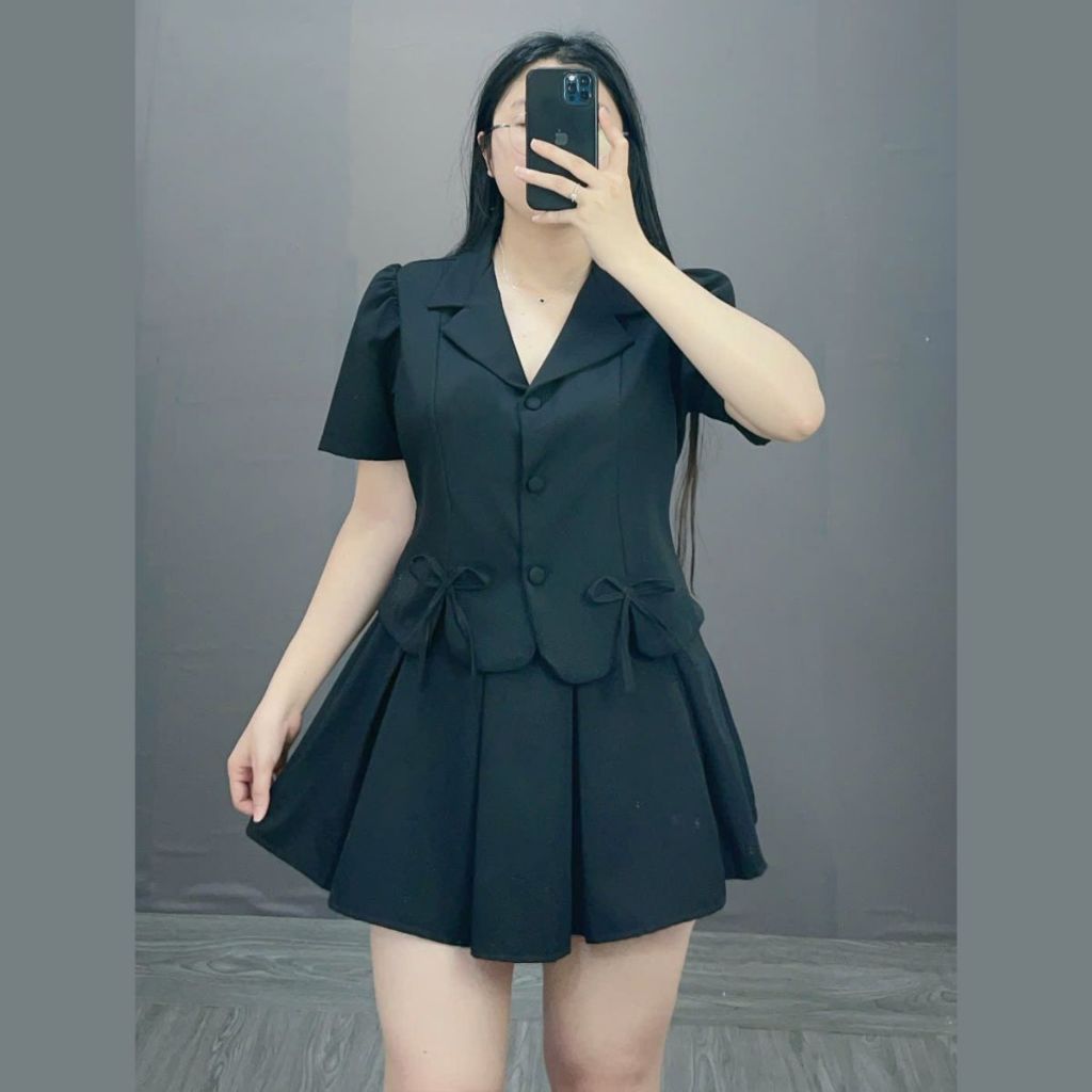 Bộ Đồ Vet CropTop Có Nơ Cúc Bọc Bigsize Cô Nhỏ Kết Hợp Với Chân Váy Xếp Ly Lưng Chun Sang Trọng Thanh Lịch SET72